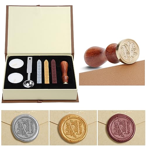 Siegelwachs-Set,Classical Old-Fashioned Antique Wax Stamp Seal Kit Initial Letters Alphabet Set Gift Box with Vintage Wooden Handle and Brass Color Head, Siegelstempel-Wachsset, Geschenkbox (M) von jdryhc