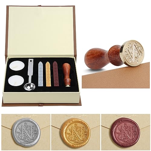 Siegelwachs-Set,Classical Old-Fashioned Antique Wax Stamp Seal Kit Initial Letters Alphabet Set Gift Box with Vintage Wooden Handle and Brass Color Head, Siegelstempel-Wachsset, Geschenkbox (N) von jdryhc