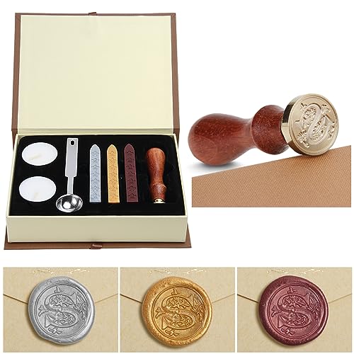 Wax Seal Stamp Kit, Classical Old-Fashioned Antique Wax Stamp Seal Kit Initial Letters Alphabet Set Gift Box with Vintage Wooden Handle and Brass Color Head (S) von jdryhc