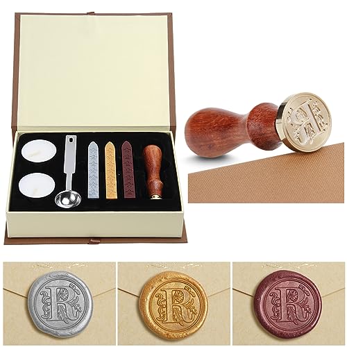 Wax Seal Stamp Kit,Classical Old-Fashioned Antique Wax Stamp Seal Kit Initial Letters Alphabet Set Gift Box with Vintage Wooden Handle and Brass Color Head (R) von jdryhc