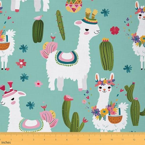 Jejeloiu Niedlicher Lama-Polsterstoff für Stühle, Cartoon-Lama-Alpaka-Kaktus-Stoff von The Yard, 3D-Tier-Thema, Boho, Sukkulenten, dekorativer Stoff für Polster und Heimwerker-Projekte, 91 cm von jejeloiu