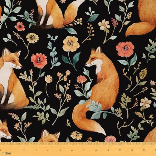 jejeloiu Fox Stoff für Kinder, Jungen, Mädchen, Blume, Fuchs, dekorativer wasserdichter Outdoor-Stoff, Tier-Polsterstoff für Stühle, 2 Yards, Schlafzimmerdekoration, Waldfuchs, Blumenmuster, Orange von jejeloiu