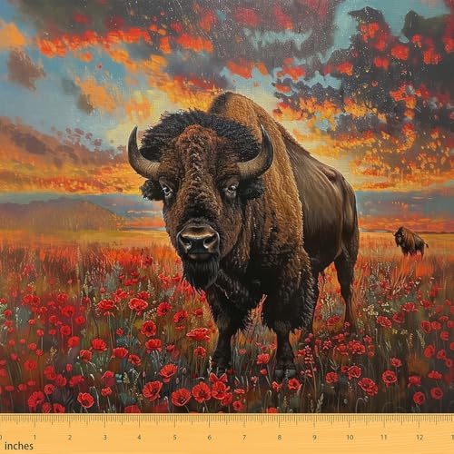 jejeloiu Niedlicher Büffel-Polsterstoff für Stühle, wilder amerikanischer Bison für Heim-DIY-Projekte, wasserdichte Dekoration für drinnen und draußen, 91 cm, Wildtiere, Tiere, Ranch, Grasland von jejeloiu