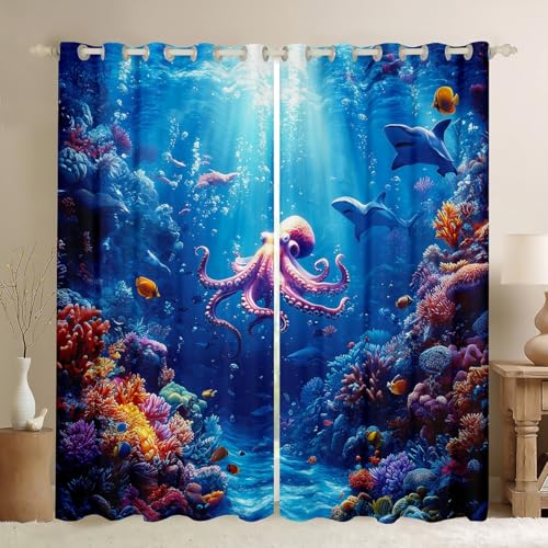 jejeloiu Ozean-Vorhang (2 Paneele, 132 x 244 cm), für Kinder, Oktopus, 30 % - 50 % Verdunkelung, für Jungen, Mädchen, Teenager, Saphirblau, Fenstervorhänge, Raumverdunkelungsvorhang von jejeloiu