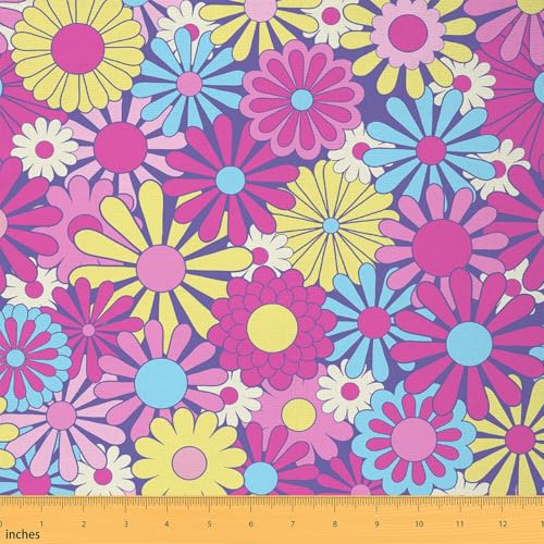 jejeloiu Retro Hippie Flower Fabric by The Yard 2 Yards 60S 70S Groovy Floral Print Waterproof Outdoor Fabric Vintage Boho Plant Floral Botanical Polsterstoff für Stühle Rosa Outdoor Stoff von jejeloiu