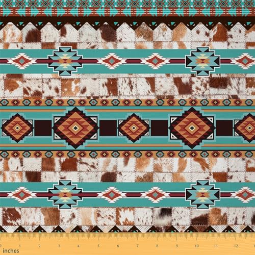 jejeloiu Southwestern Boho Dekorativer wasserdichter Outdoor-Stoff, 2,7 m, rustikaler Westernstoff, Meterware, Vintage-Braun, Blaugrün, Polsterstoff, Indianer-Muster, Stammesmuster, DIY von jejeloiu