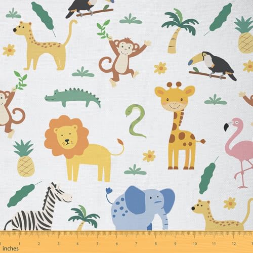 jejeloiu Stoff mit Cartoon-Tieren, Elefant, Löwe, Zebra, Giraffe, Polsterstoff zum Nähen, Basteln, niedlicher Zoo, wasserdicht, für Innen- und Außenbereich, Dekoration für Zuhause, DIY-Projekte, 91 cm von jejeloiu