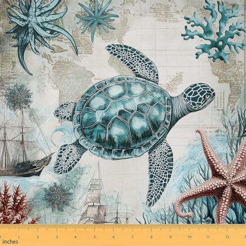 jejeloiu Stoff mit Meeresschildkröte, 2 Yards, Ozean, Seestern, Strand, Polsterstoff für Stühle, Jungen, Mädchen, Dekoration, Reptilienschildkröte für Zuhause, DIY-Projekte, wasserdicht, für Innen von jejeloiu