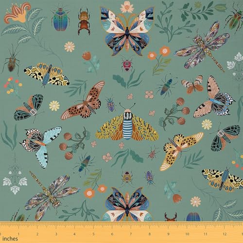 jejeloiu The Yard Blumenstoff für Jungen, Mädchen, Vinatge, Botanischer Schmetterling, Grün, Polsterstoff für Stühle, Retro-Boho-Blumen für Zuhause, DIY-Projekte, Blüte, Libelle, Blaugrün von jejeloiu
