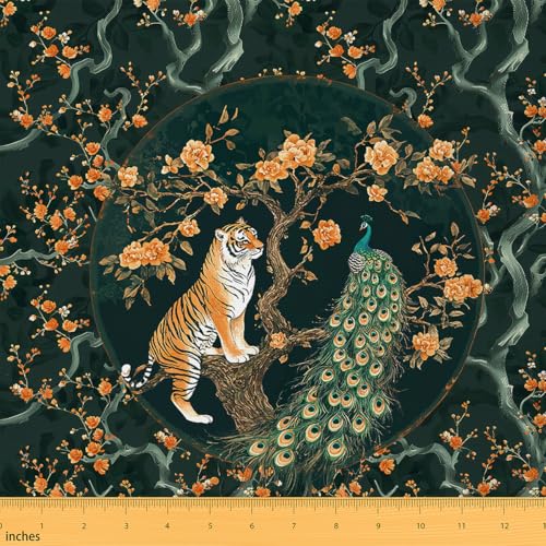 jejeloiu The Yard Room Decor Dschungeltiere, wasserdicht, für Innen- und Außenbereich, 91 cm, Tiger-Polsterstoff für Stühle für Jungen und Mädchen, Pfauenmuster, Blumenzweige, grün-rot, Stoff von jejeloiu