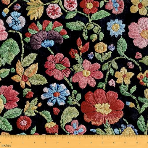 jejeloiu The Yard Stoff mit Blumenmuster, für Jungen und Mädchen, Vinatge, botanischer schwarzer Polsterstoff für Stühle für Kinder, Retro-Boho-Blumen für Zuhause, DIY-Projekte, wasserdicht, für Innen von jejeloiu