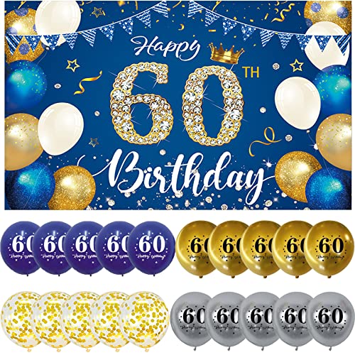 60 Geburtstag Deko Banner Männer Geburtstagsbanner 60 Jahre Blau Gold 60 Geburtstag Banner Happy Birthday Banner 60.Geburtstagsbanner Hintergrund Banner 110*180cm für 60. Geburtstagsfeier von jenich