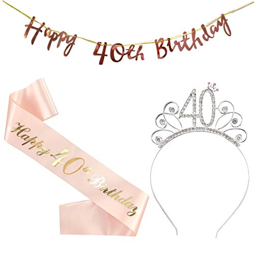 jenich 3er Set Happy 40 Birthday Geburtstag Schärpe Geburtstags Krone 40. Geburtstag Kristall Tiara Krone Happy 40th Birthday Banner Girlande für 40. Geburtstag Party Deko Accessoires Geschenk von jenich