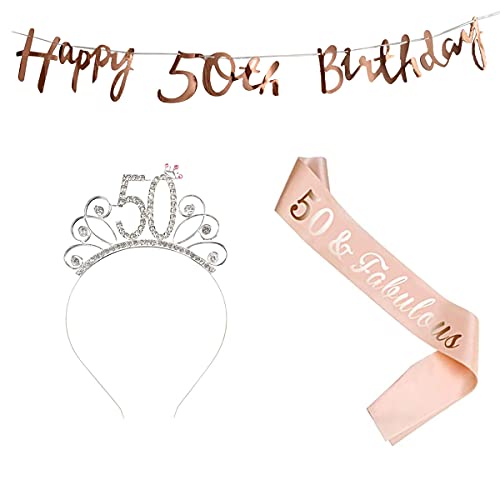 jenich 3er Set Happy 50 Birthday Geburtstag Schärpe Geburtstags Krone 50. Geburtstag Kristall Tiara Krone Happy 50th Birthday Banner Girlande für 50. Geburtstag Party Deko Accessoires Geschenk von jenich