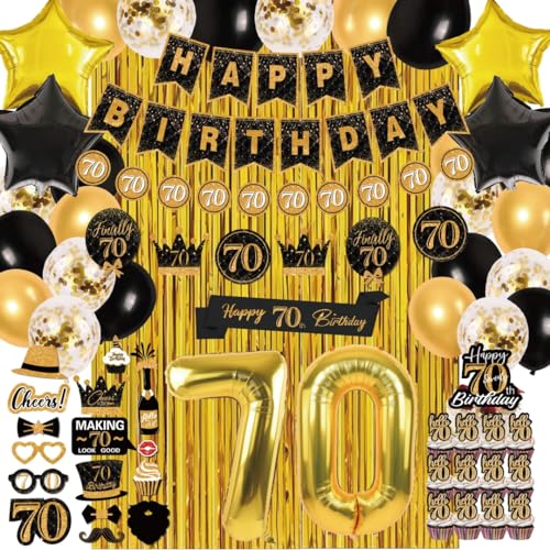 70. Geburtstag Deko für Männer Frauen, (Total 70pcs) schwarz und gold alles Gute zum 70. Geburtstag Banner, Wimpel, Hanging Swirl, Folie Backdrops, Party-Ballons, 70. Geburtstag Schärpe von jenlion