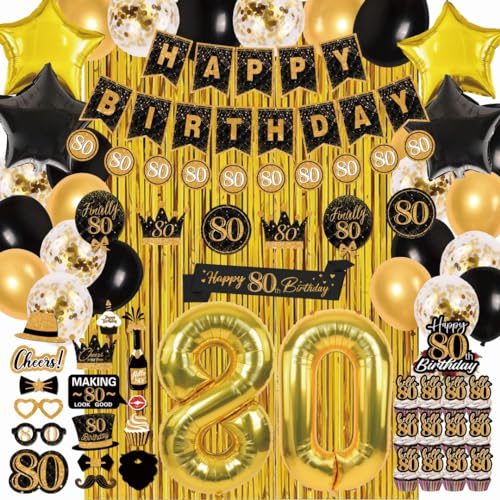 80 Geburtstag Deko für Männer Frauen, (Total 70pcs) schwarz und gold alles Gute zum 80. Geburtstag Banner, Wimpel, Hanging Swirl, Folie Backdrops, Partyballons, 80. Geburtstag Sash von jenlion
