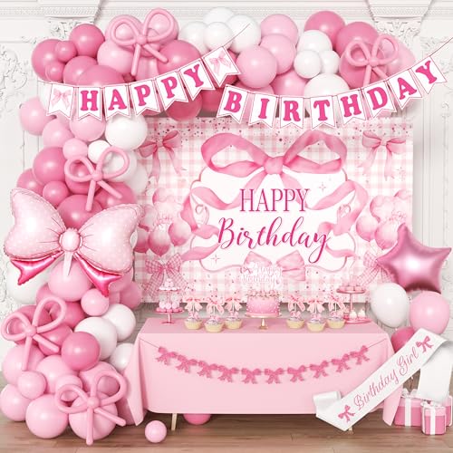 Pinke Geburtstagsparty-Dekorationen für Frauen, Hintergrund, rosa Schleife, Ballonbogen, Glitzer-Banner, Kokett-Themen-Partyzubehör für Mädchen Pinke Geburtstagsparty-Dekorationen für Frauen, Hintergrund, rosa Schleife, Ballonbogen, Glitzer-Banner, Kokett-Themen-Partyzubehör für Mädchen von jenmir