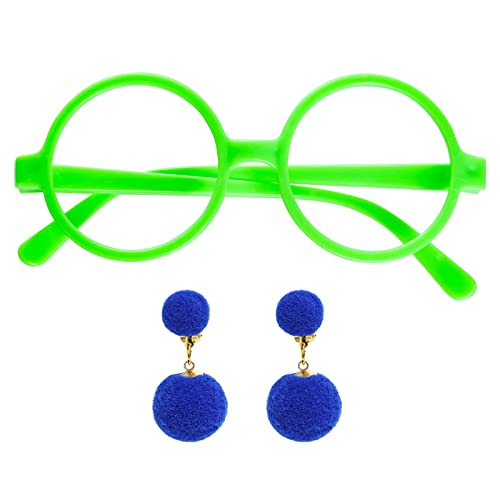 jerbro Runde grüne Brille Prinzessin Kostüm Set Zauberer Brille + Ohrringe für Frauen Mädchen Halloween Cosplay Dress Up Party Favors von jerbro