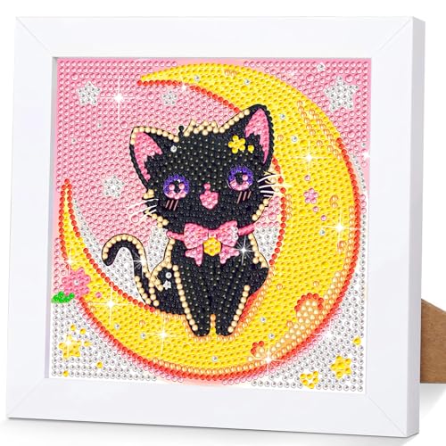 jieyisier Diamond Painting Katze mit Rahmen,5D Diamond Painting Erwachsene Tiere Süß, Schwarze Katzen Diamond Art Set,Kreative Geschenke für Home Wall Decor 15x15 cm(Farbige Kartonverpackung) von jieyisier