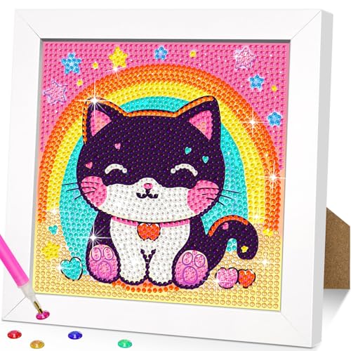 jieyisier Katze Diamond Painting mit Holzrahmen,Tiere Diamant Painting Bilder,5D Diamond Art fü rHome Wand Decor 15X15CM(Regenbogen) von jieyisier