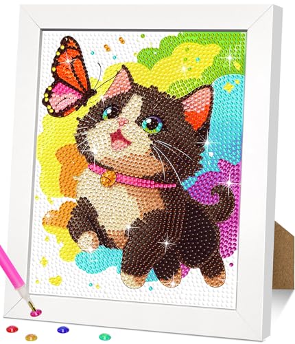 jieyisier Katze Diamond Painting mit Holzrahmen,Tiere Diamant Painting Bilder Set,5D Diamond Art fü rHome Wand Decor 6x8 Zoll(Schmetterling) von jieyisier