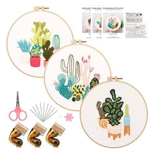 jiingekk 3 Sets Blatt- und Blumenstickerei-Set mit Anleitung (evtl. nicht in deutscher Sprache), Stickkleidung mit Muster, Stickgarn und Nadel von jiingekk