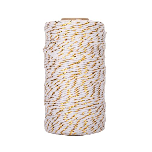 jijAcraft Bäcker Bindfäden, 100M Weiß Baumwollschnur mit Goldschnur, 2MM Bastelschnur Dekokordel Schnur Perfekt für DIY Kunstgewerbe Gartenarbeit und Dekorieren (Golddraht) von jijAcraft