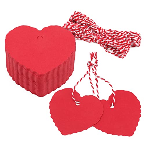 Herz Geschenkanhänger Valentinstag Anhänger Kraftpapier Etiketten, 100 Stück Tags mit Rot und Weiß Schnur, für Hochzeit Geschenke Basteln Deco (Rot) von jijAcraft