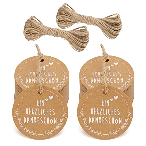 jijAcraft 100 Stück Geschenkanhänger EIN HERZLICHES DANKESCHÖN - Kraftpapier Anhänger Rund 5cm mit Jute Schnur 20m Hangtag Etiketten Vintage Etiketten Tags für Gastgeschenke Hochzeitsdeko DIY von jijAcraft