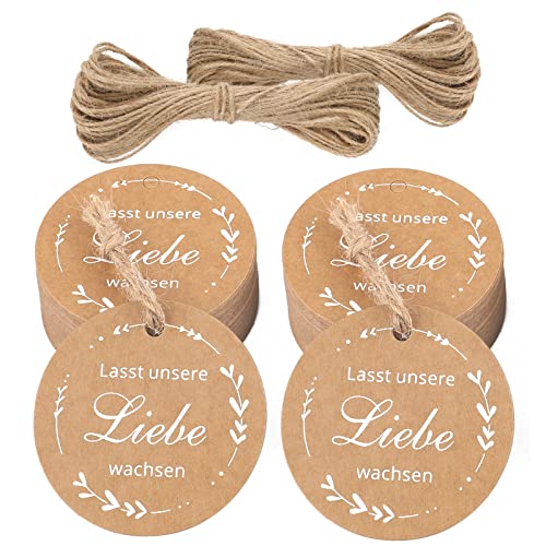 jijAcraft 100 Stück Geschenkanhänger Rund LASST UNSERE LIEBE WACHSEN Kraftpapier Anhänger 5cm mit 2 Jute Schnur Hangtag Etiketten Vintage Etiketten Tags für Gastgeschenke Hochzeitsdeko DIY von jijAcraft