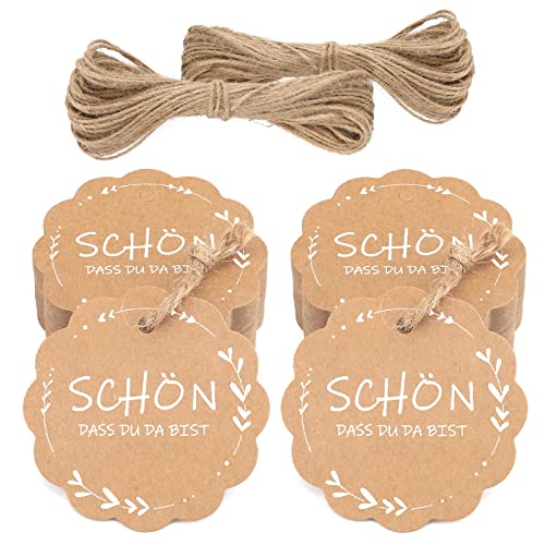 jijAcraft 100 Stück Geschenkanhänger SCHÖN DASS DU DA BIST, 6CM Kraftpapier Anhänger Etiketten mit Jute Schnur, Kraftpapier Anhänger Rund für Gastgeschenke, Hochzeitsdeko DIY von jijAcraft