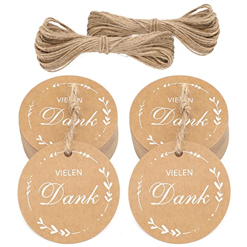 jijAcraft 100 Stück Geschenkanhänger VIELEN Dank Kraftpapier Anhänger Rund 5cm mit Jute Schnur 20m Hangtag Etiketten Vintage Etiketten Tags für Gastgeschenke Hochzeitsdeko DIY von jijAcraft