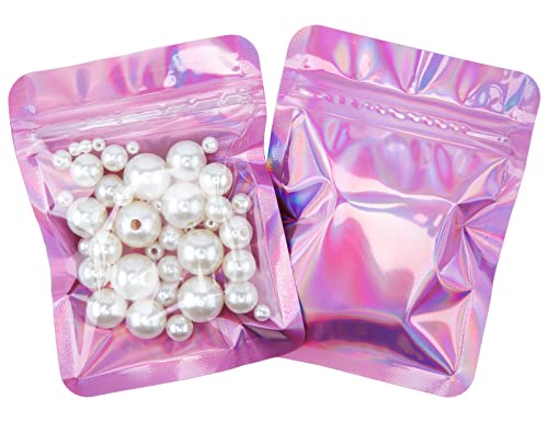jijAcraft 10 x 7 CM Klein Mylar Beutel, Lila Rosa Zip Beutel Geschenk, 100 Stück Holografische Folienbeutel mit Verschluss, Mylar Druckverschlussbeutel mit Fenster für Schmuck, Geschenk von jijAcraft