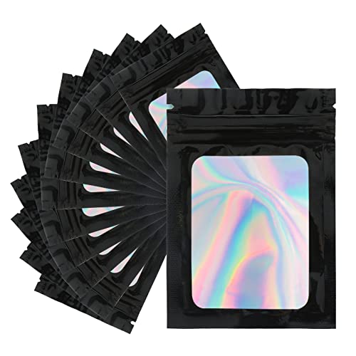 jijAcraft 10.5 x 15 CM Klein Mylar Beutel, Schwarz Zip Beutel Geschenk, 100 Stück Holografische Folienbeutel mit Verschluss, Mylar Druckverschlussbeutel mit Fenster für Schmuck, Geschenk von jijAcraft