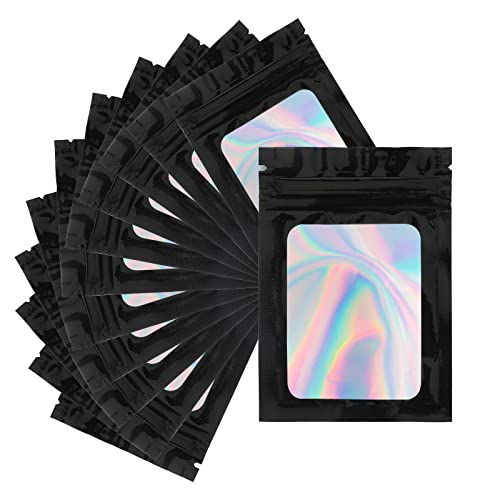 jijAcraft 9 x 12 CM Klein Mylar Beutel, Schwarz Zip Beutel Geschenk, 100 Stück Holografische Folienbeutel mit Verschluss, Mylar Druckverschlussbeutel mit Fenster für Schmuck, Geschenk von jijAcraft