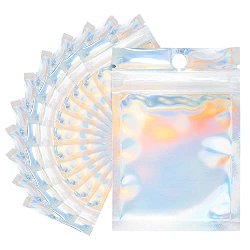 jijAcraft 10.5 x 15 CM Klein Mylar Beutel, Zip Beutel Geschenk, 100 Stück Holografische Folienbeutel mit Verschluss, Mylar Druckverschlussbeutel mit Fenster für Schmuck, Geschenk von jijAcraft