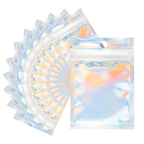 jijAcraft 9 x 12 CM Klein Mylar Beutel, Zip Beutel Geschenk, 100 Stück Holografische Folienbeutel mit Verschluss, Mylar Druckverschlussbeutel mit Fenster für Schmuck, Geschenk von jijAcraft