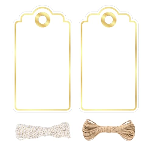 jijAcraft 5 x 9cm Geschenkanhänger mit Gold Kante: Weiß Papieranhänger zum Beschriften 100 Stück Kraftpapier Etiketten Tags mit Loch und Schnur für Hochzeit, Geburtstag, Weihnachten von jijAcraft