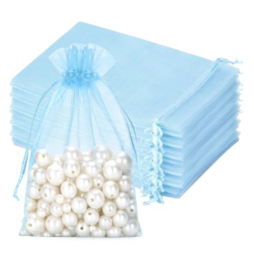 jijAcraft Babyblau Groß Organzasäckchen 13x18cm: Geschenksäckchen mit Zugban Transparent Schmucksäckchen 50 Stück Organza Beutel Hochzeit zum Befüllen Geschenk Bonbon von jijAcraft