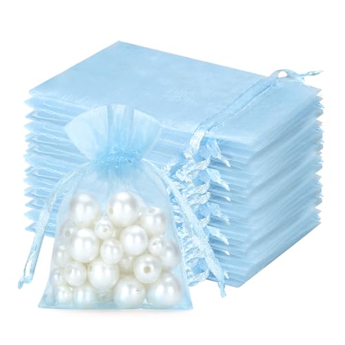 jijAcraft Babyblau Klein Organzasäckchen 7x9cm: Geschenksäckchen mit Zugban Transparent Schmucksäckchen 100 Stück Organza Beutel Hochzeit zum Befüllen Geschenk Bonbon von jijAcraft