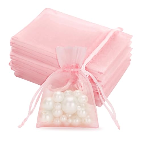 jijAcraft Babyrosa Klein Organzasäckchen 7x9cm: Geschenksäckchen mit Zugban Transparent Schmucksäckchen 50 Stück Organza Beutel Hochzeit zum Befüllen Geschenk Bonbon von jijAcraft