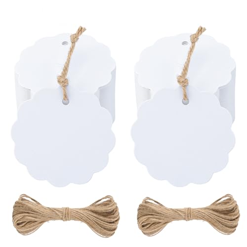 jijAcraft Blume Runde Geschenkanhänger Weiß: 6CM Papier Anhänger Kommunion 100 Stück Kraftpapier Etiketten Hochzeit mit Juteschnur für Gastgeschenke, Kunsthandwerk von jijAcraft