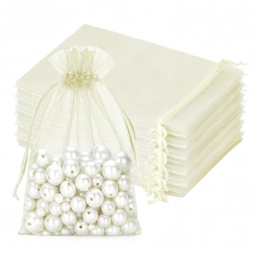 jijAcraft Creme Groß Organzasäckchen 13x18cm: Geschenksäckchen mit Zugban Transparent Schmucksäckchen 50 Stück Organza Beutel Hochzeit zum Befüllen Geschenk Bonbon von jijAcraft