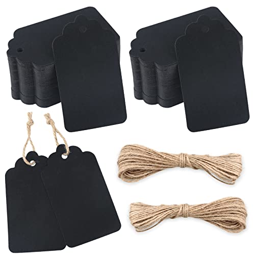 jijAcraft 100 Stück Kraftpapier Anhänger, Geschenkanhänger Etiketten 7x4 CM Anhängeetiketten mit Juteschnur, Schwarz Kraftpapier Etiketten Tags für Basteln, Geschenkverpackung, Hochzeit von jijAcraft