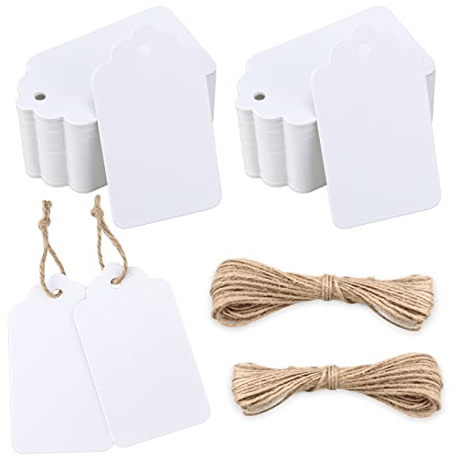 jijAcraft 100 Stück Kraftpapier Anhänger, Geschenkanhänger Etiketten 7x4 CM Anhängeetiketten mit Juteschnur, Weiß Kraftpapier Etiketten Tags für Basteln, Geschenkverpackung, Hochzeit von jijAcraft