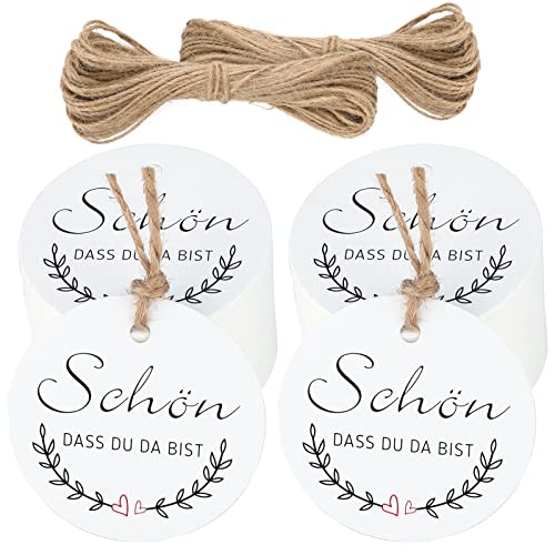 jijAcraft 100 Stück Geschenkanhänger SCHÖN DASS DU DA BIST Anhänger - Kraftpapier Etiketten 6CM - Rund Papieranhänger mit Jute Schnur für Hochzeit Geschenke Basteln (Weiß) von jijAcraft