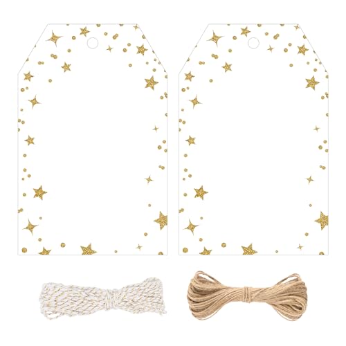 jijAcraft Geschenkanhänger mit Gold Glitzern Stern: 8,5x5,5cm Weiß Papieranhänger zum Beschriften 100 Stück Papier Etiketten mit Loch und Schnur für Geburtstag DIY Weihnachten Geschenk von jijAcraft