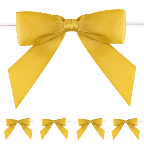 jijAcraft Gold Geschenke Schleifen, 50 Stück Fertige Kleine Schleifen, Geschenkeschleifen Selbstklebend zum Basteln, Satinschleifen mit Draht für Geschenkverpackung, Basteln von jijAcraft