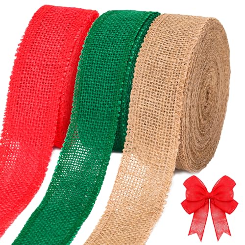 jijAcraft Juteband Rrolle 4cm Breit, 10M Burlap Vintage Geschenkband Weihnachten, Sackleinen Decoband für DIY Handwerk, Weihnachten, Geschenk, Hochzeit, Esstisch Dekoration (Rot,Grün und Braun) von jijAcraft