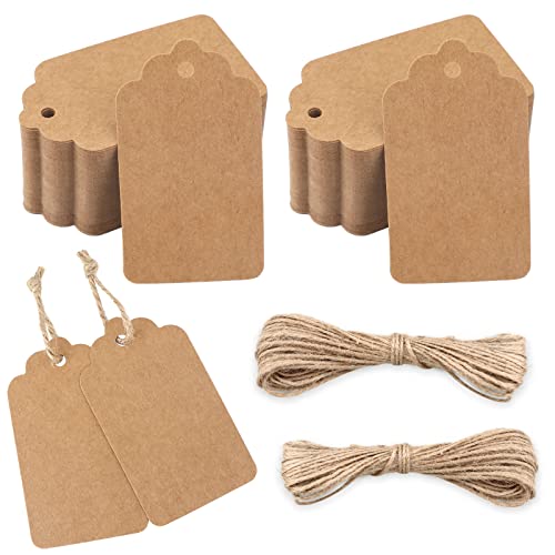 jijAcraft 100 Stück Kraftpapier Anhänger, Geschenkanhänger Etiketten 7x4 CM Anhängeetiketten mit Juteschnur, Kraftpapier Etiketten Tags Braun für Basteln, Geschenkverpackung, Hochzeit von jijAcraft